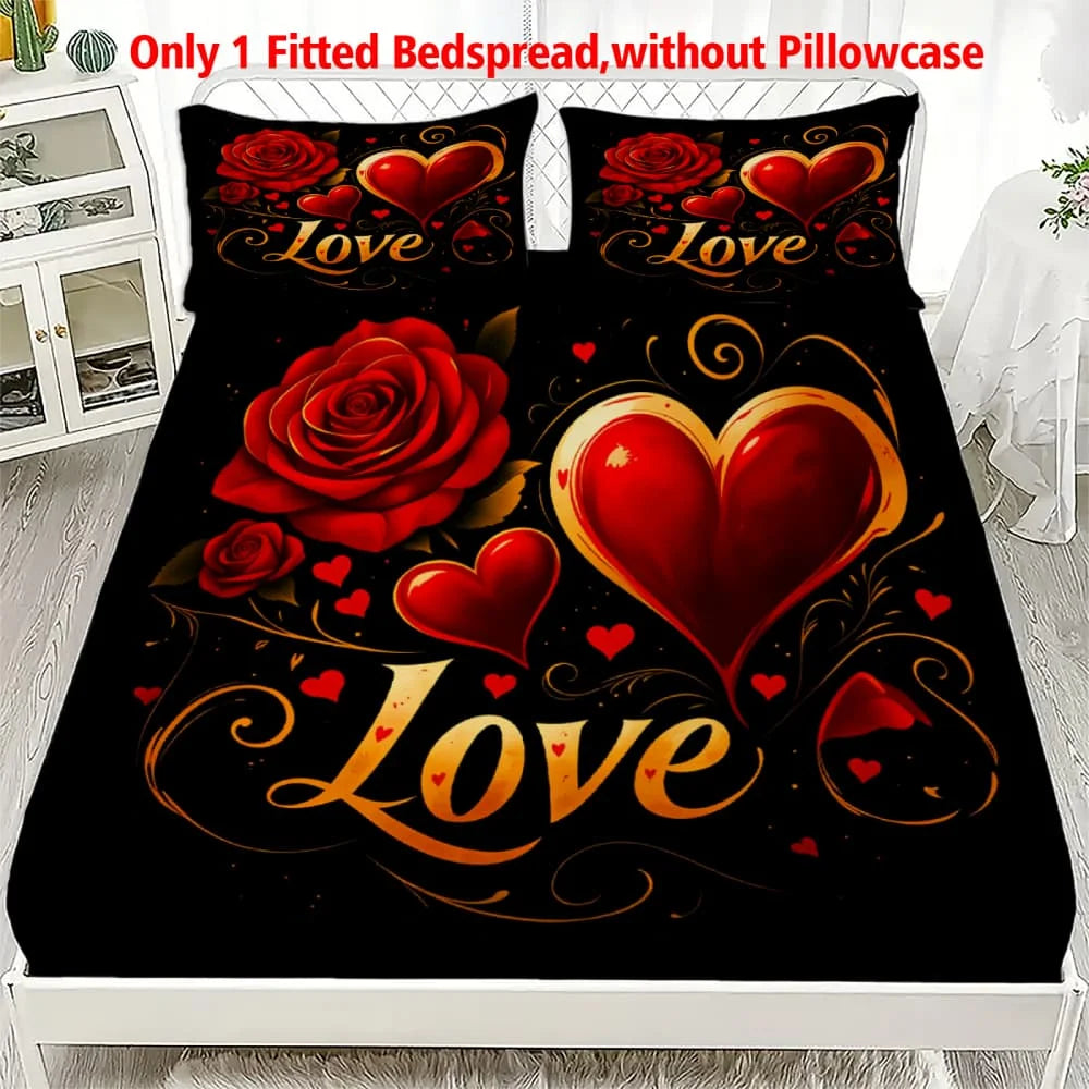 housse couette romantique imprimée roses rouges coeurs love élégante coton polyester noir rouge doré