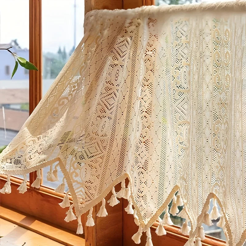 rideau polyester semi transparent beige dentelle géométrique vintage tassellets chambre salon cuisine