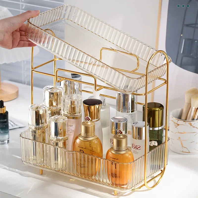 organisateur cosmétiques acrylique transparent doré rayures moderne étagères salle bain rangement bouteilles pots deux
