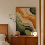 tableau abstrait ondulé orange vert beige noir moderne impression toile rectangle vertical chambre salon