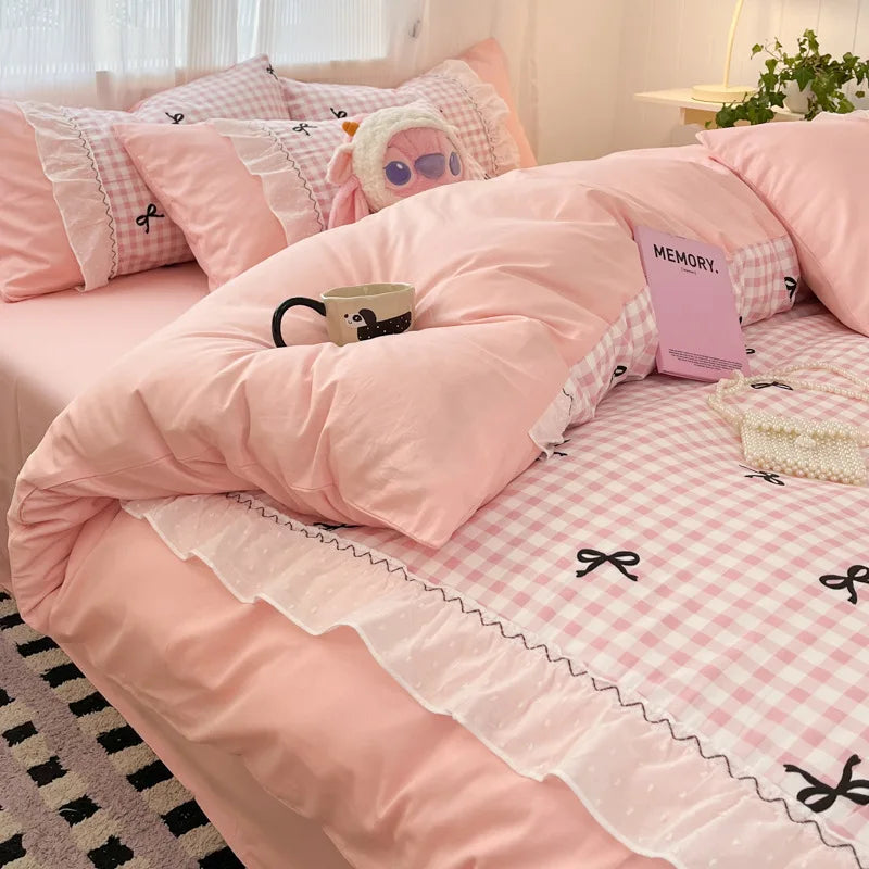 ensemble literie rose gingham nœuds frangés doux girly enfant taies oreiller couverture