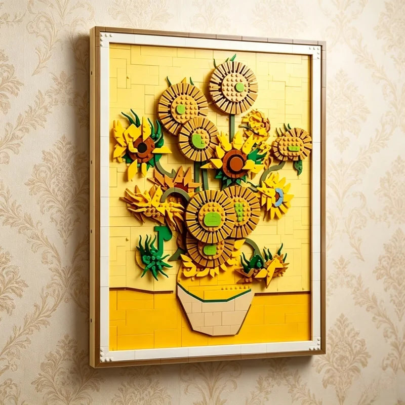 tableau lego tournesols van gogh jaune vert marron art pop fleurs décoration intérieure anniversaire