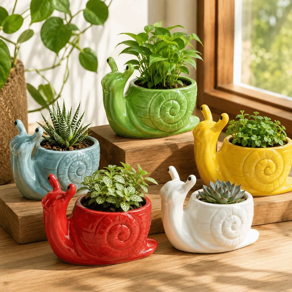 cache pot escargon sculpté créatif animalier jaune vert bleu rouge blanc maison