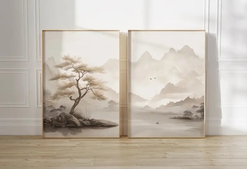 tableaux toile paysages abstraits arbres montagnes brumeux contemporains minimalistes sans cadre beige gris decoration