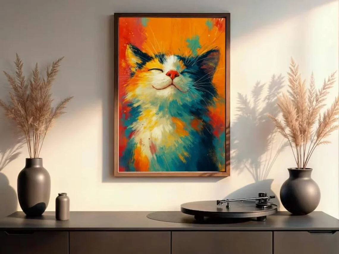 tableau abstrait chat souriant moderne couleur vives orange jaune bleu rouge blanc