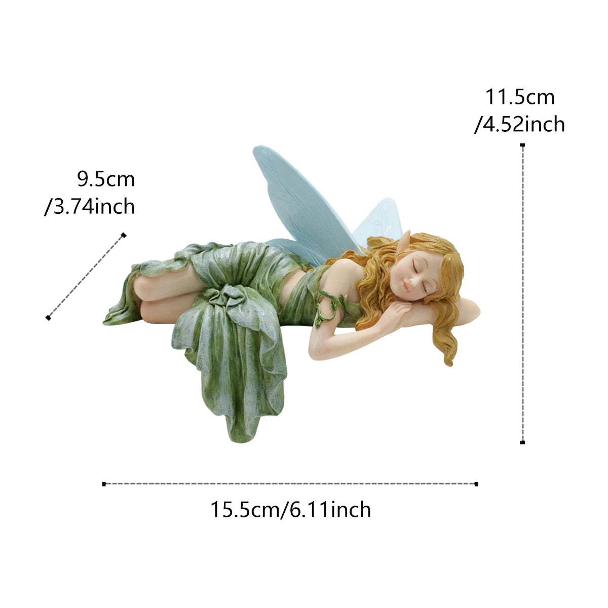statuette fée dormante résine ailes translucides robe ondulée cheveux bouclés couleur verte bleu clair