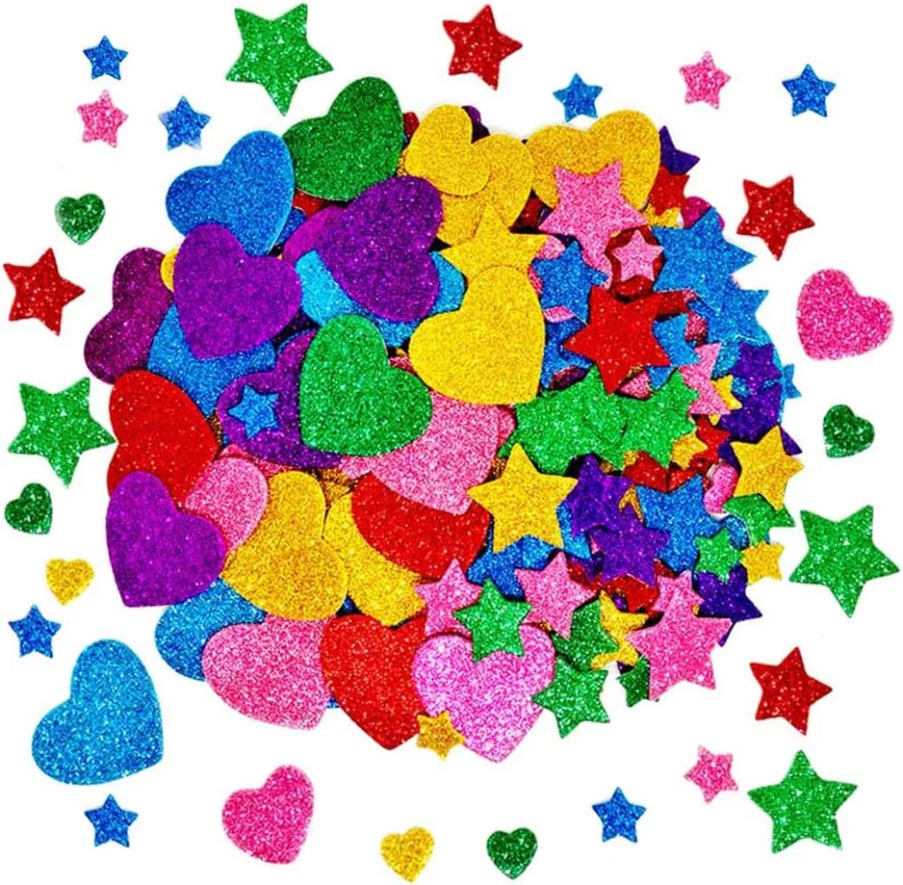 sticker mousse brillants coeurs étoiles multicolores adhésifs enfants artisanaux pack 30 pièces