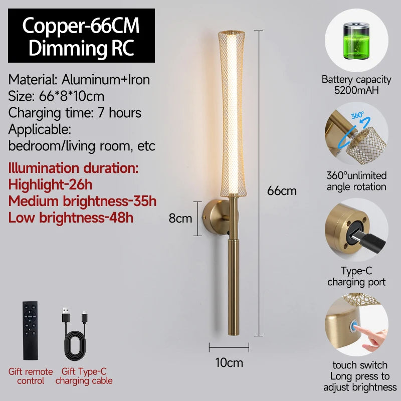 lampe murale rechargeable or noir maille métallique moderne interrupteur tactile câble usb télécommande 66cm