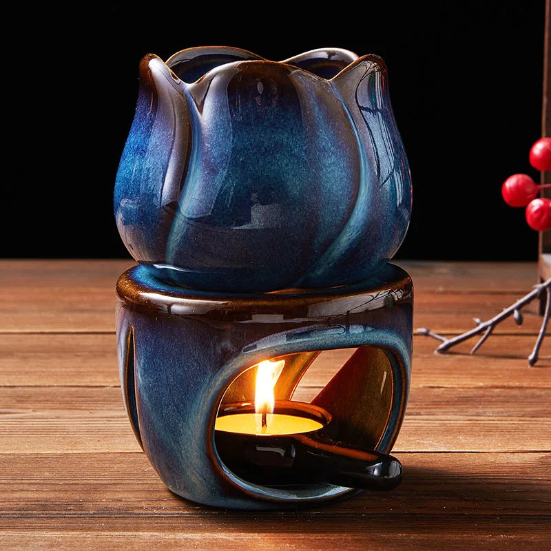 diffuseur huiles essentielles céramique bleu brun motifs floraux moderne bougie huile essentielles