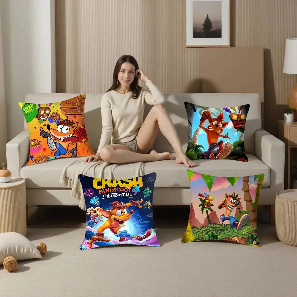 coussin décoratif carré crash bandicoot microfibre peluche cartoon orange bleu chambre salon enfant