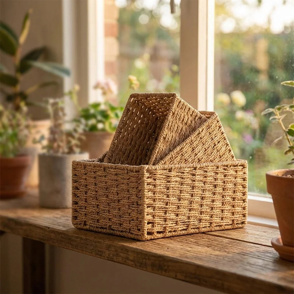 panier rangement tressé rustique bohème réutilisable cosmétiques objets divers grande capacité marron naturel