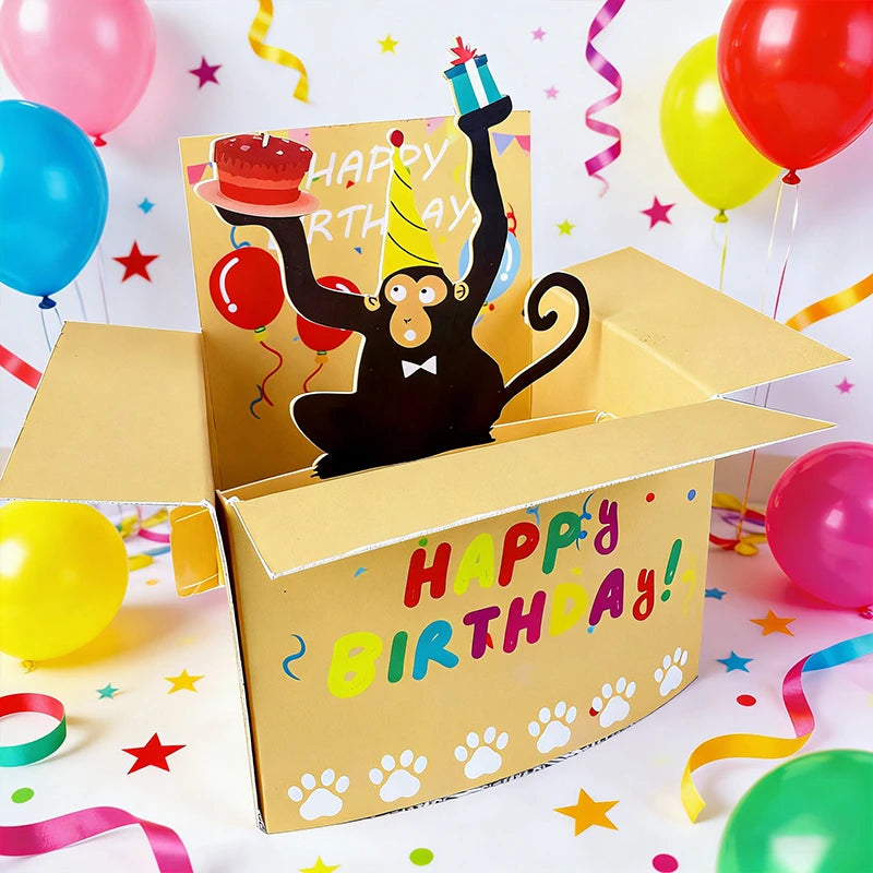 pop up carte anniversaire happy birthday animaux ballons colorés décoration maison festive