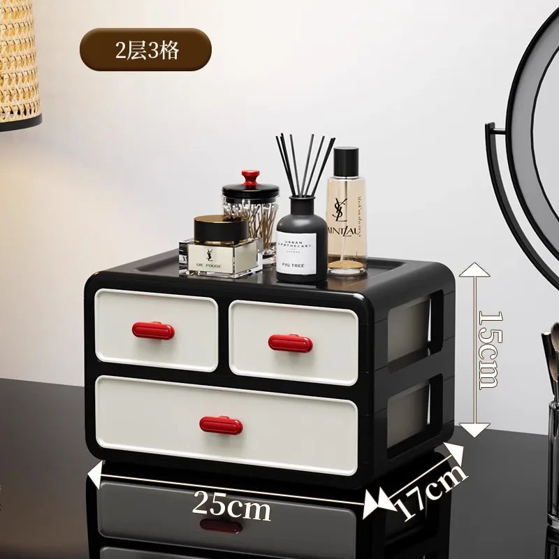 boîte maquillage moderne boîtes rangement noires blanches rouges poignées motifs géométriques