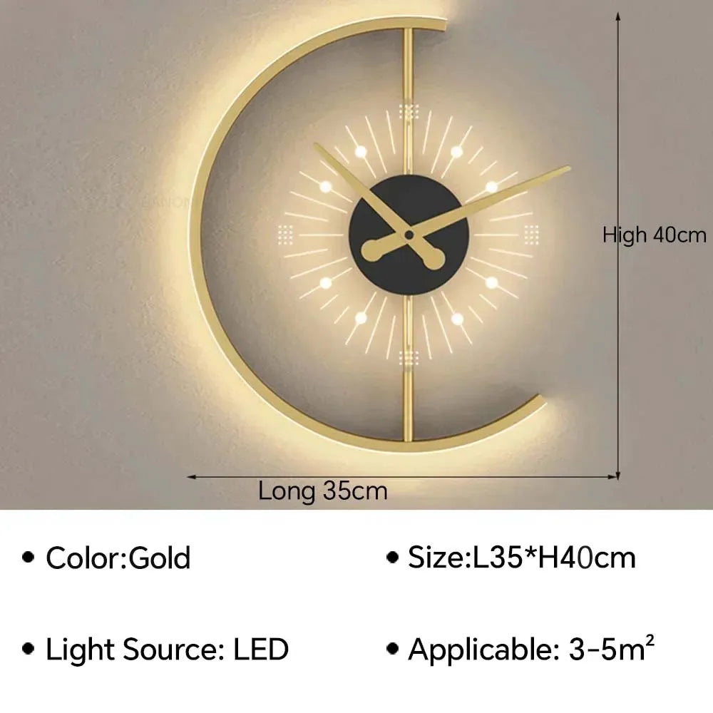 horloge murale moderne or noir éclairage led géométrique minimaliste chambre salon