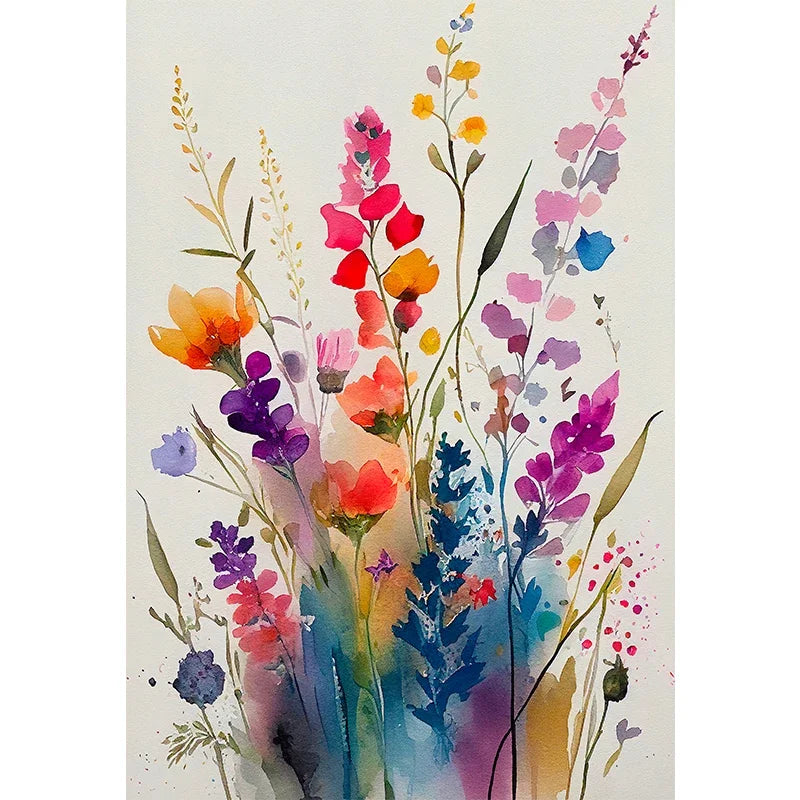 tableau moderne minimaliste multicolore fleurs aquarelle toile cadre bois chambre salon déco sans frame