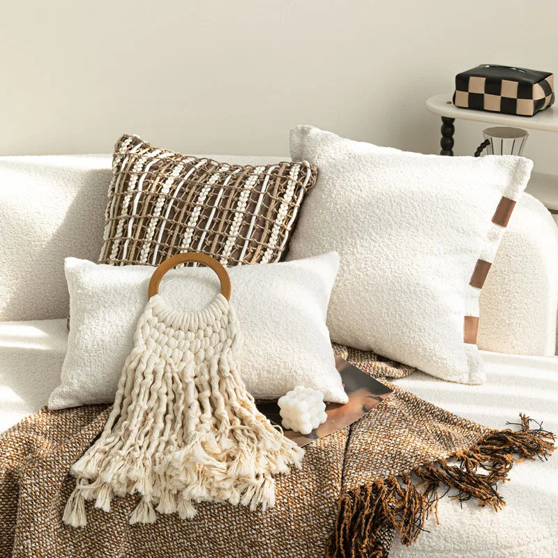 taies d'oreiller géométriques polyester doux moderne beige blanc maison hospitalière