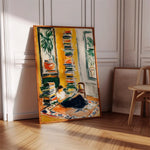 tableau moderne expressionniste abstrait jaune vert noir peinture intérieure décoration maison personnage livres plante