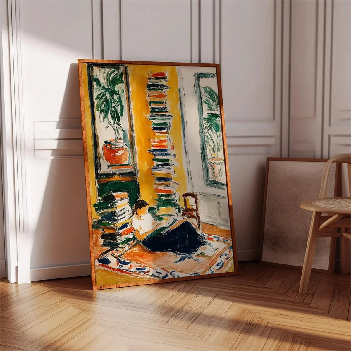 tableau moderne expressionniste abstrait jaune vert noir peinture intérieure décoration maison personnage livres plante