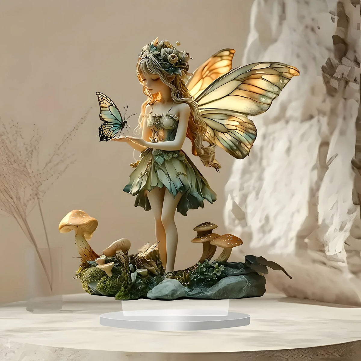 statue fée vert beige doré fantaisie détails floraux base plate papillon champignons roche feuilles