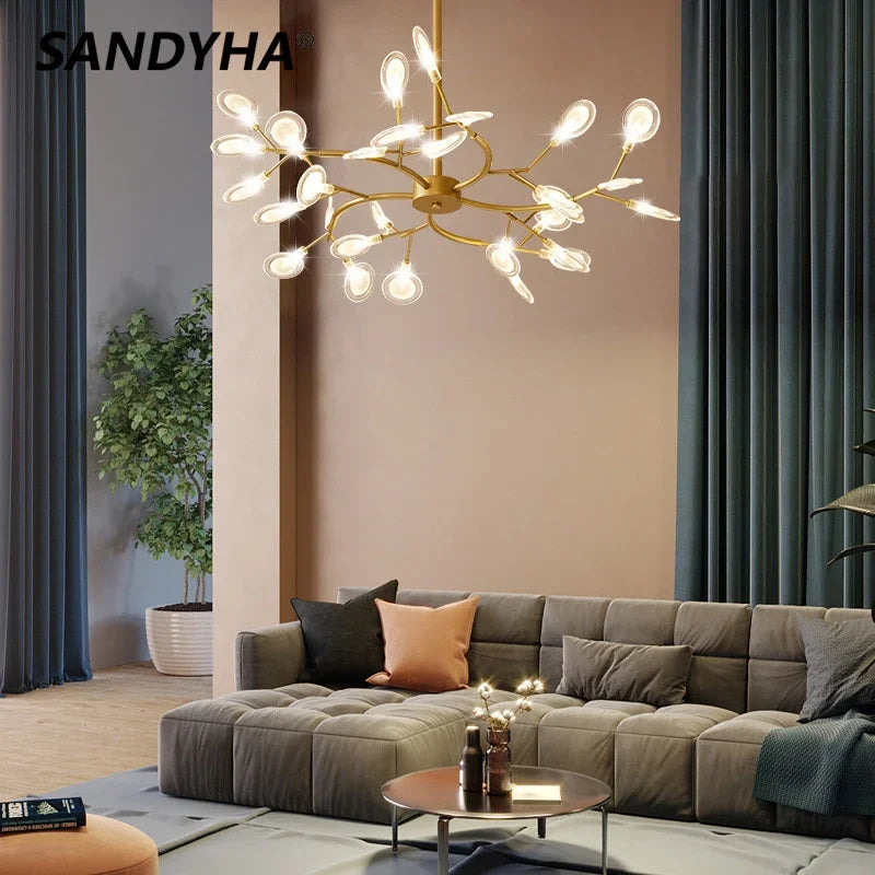 luminaire suspendu moderne branches dorées boules lumineuses salon chambre décoration intérieur luxe