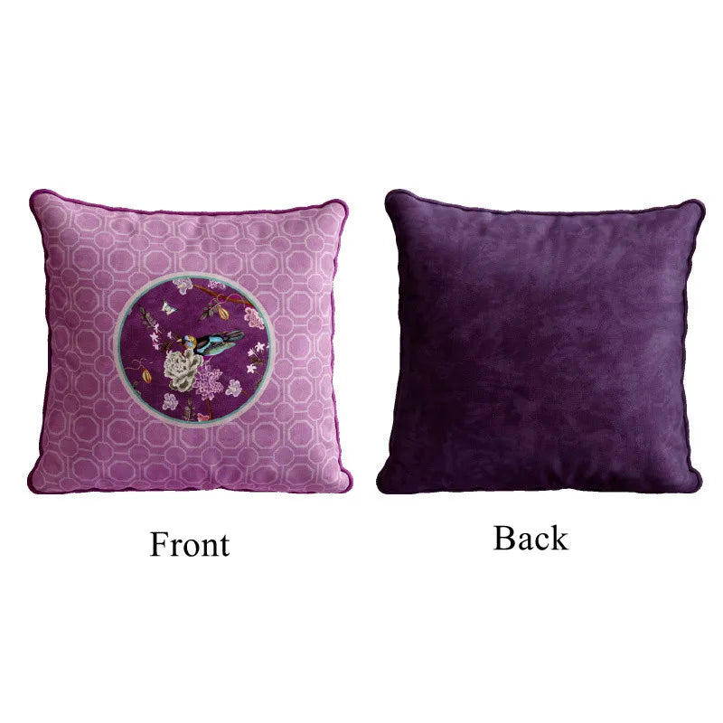 coussin carré velours fleur peony oiseau classique vert rose violet blanc