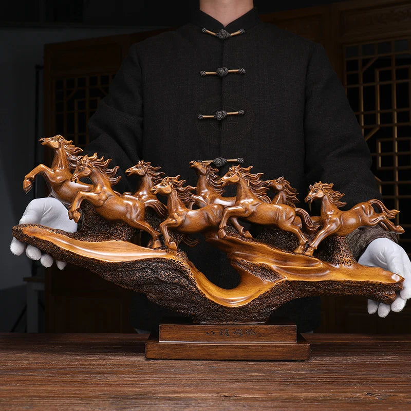 ornements sculptés chevaux résine artisanal chinois couleurs dorées rouges noires modernes