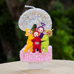 bougies décoratives teletubbies anniversaire enfant blanc rose pailletées brillantes multicolores personnages