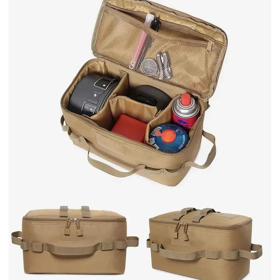 sac rangement cuisinière gaz tissu imperméable militaire beige compartiments poignées fixationsextérieur camping