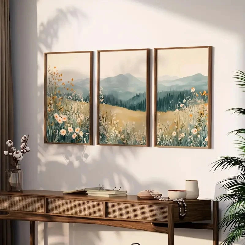 tableaux paysage fleurs montagne bohème moderne toile huile beige vert jaune blanc gris farmhouse