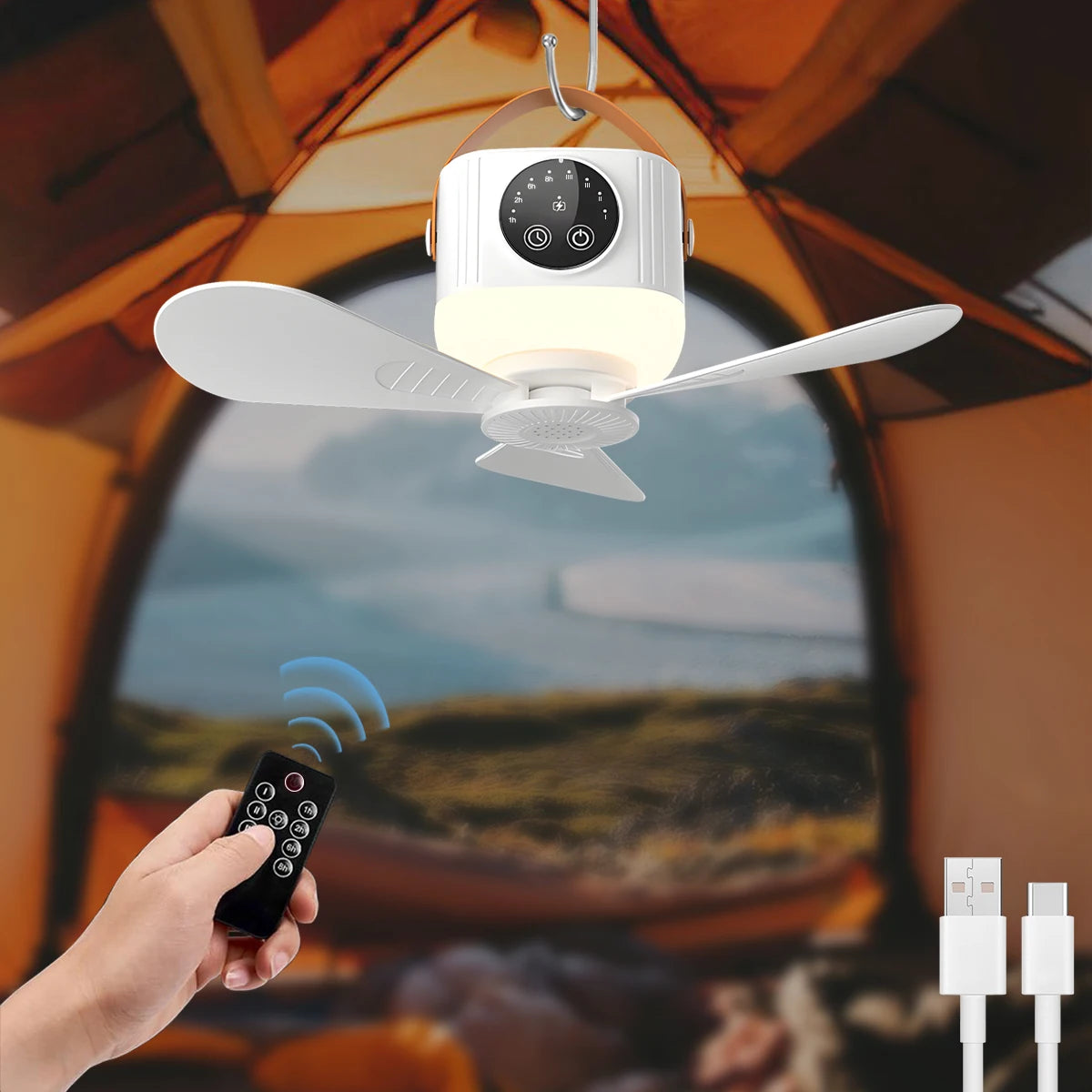 ventilateur plafonnier blanc moderne rechargeable lumière led télécommande camping chambre coucher