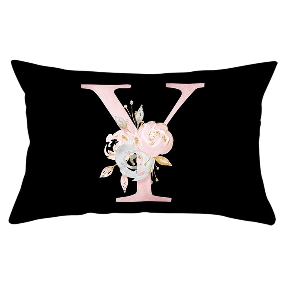 coussin rectangulaire noir fleurs blanches lettres roses décoration canapé salon moderne peluche douce maison