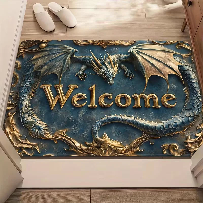tapis sol dragon stylisé or noir bleu résistant antidérapant moderne extérieur 30x50cm 40x60cm 50x80cm