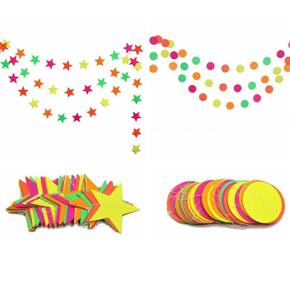 décoration fête étoiles rondes géométriques papier néon couleur bannières happy birthday anniversaire mariage fluorescent