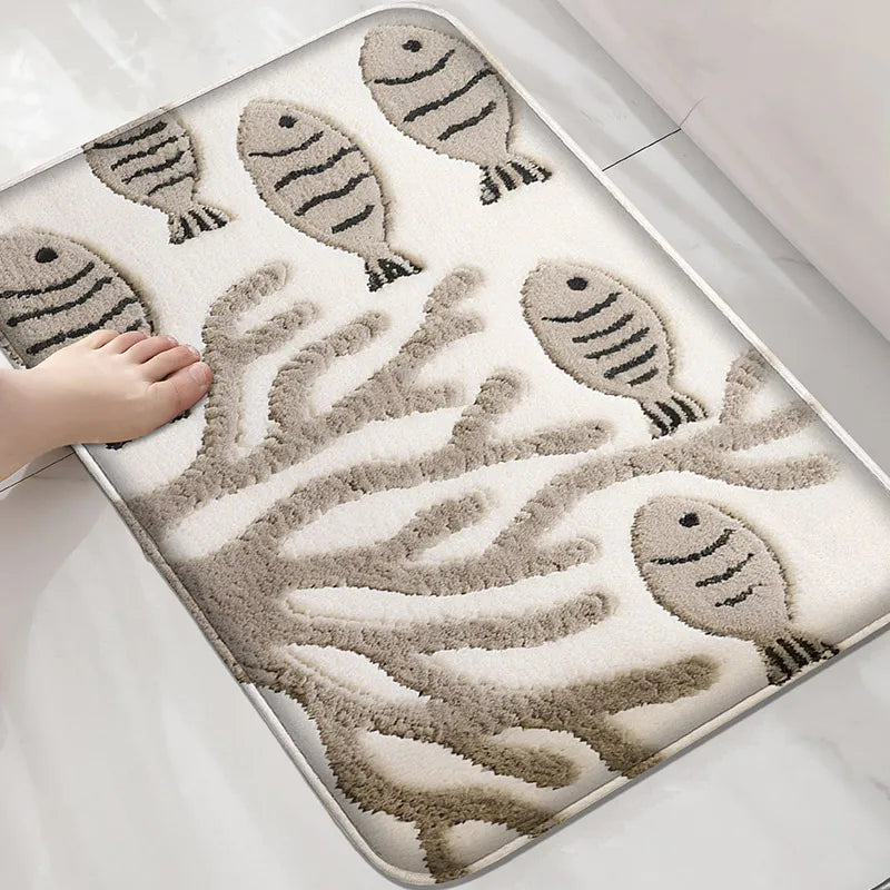tapis bain poissons coraux anti dérapant absorbant moderne blanc gris beige