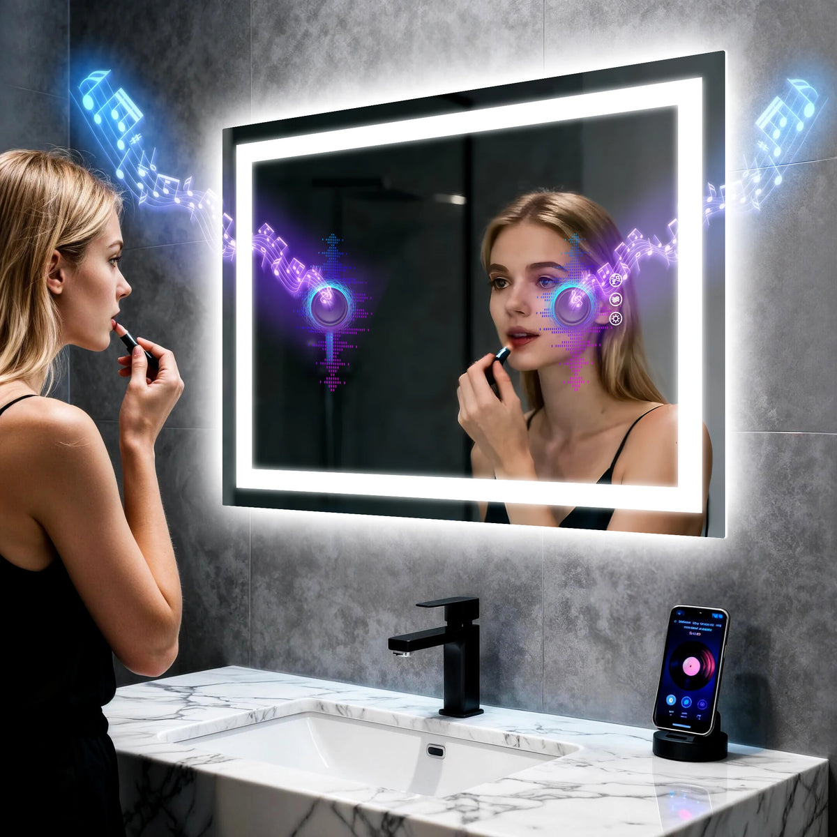 miroir lumineux moderne noir blanc gris notes musicales géométriques led bluetooth variable minimaliste