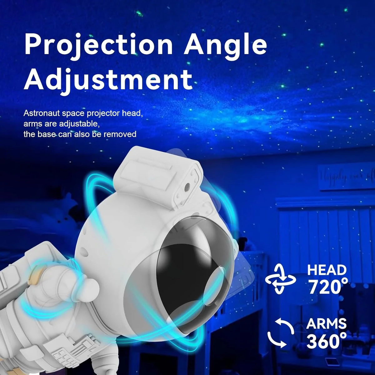 projecteur spatial astronaute blanc texture mat détails dorés moderne télécommande réglage luminosité.carousel