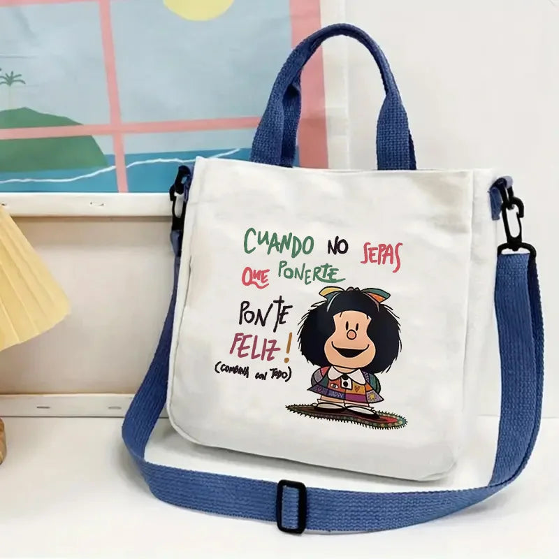 sac main toile imprimée mafalda blanc bleu moderne casual boucle fermeture fourre tout étudiant