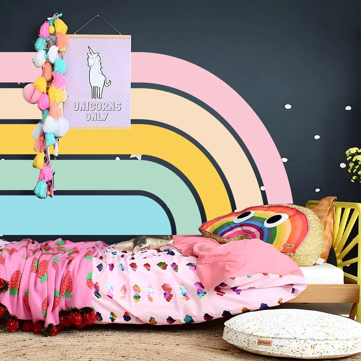 sticker mural arc ciel aquarelle moderne enfants rose jaune vert bleu pvc adhésif chambre
