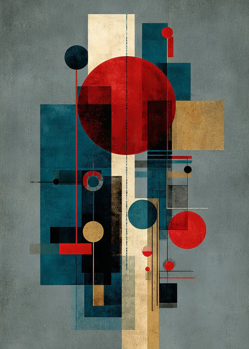 toile d'art abstrait moderne composition géométrique bleu rouge beige noir