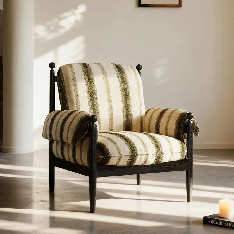 fauteuil classique marron rayures horizontales coussin sofa bois minimaliste moderne salon