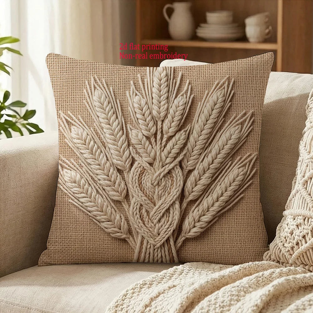 housse coussin brodée épis blé nœud celtique boho farmhouse beige rustique machine
