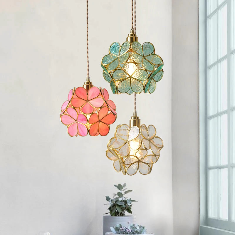 lampe suspendue moderne or rose vert blanc fleurs relief translucide élégante chaîne incluse autonomie