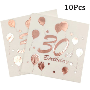 serviettes papier anniversaire rose pâle ballons chiffres étoiles effet métallique 30 40 50 60