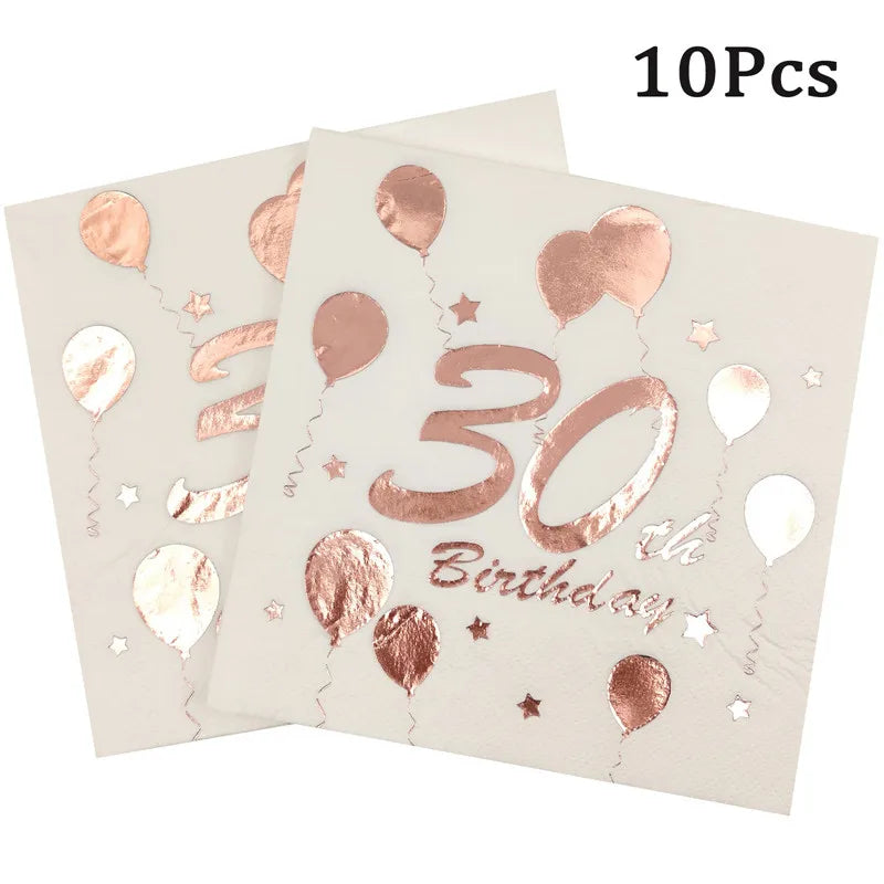 serviettes papier anniversaire rose pâle ballons chiffres étoiles effet métallique 30 40 50 60