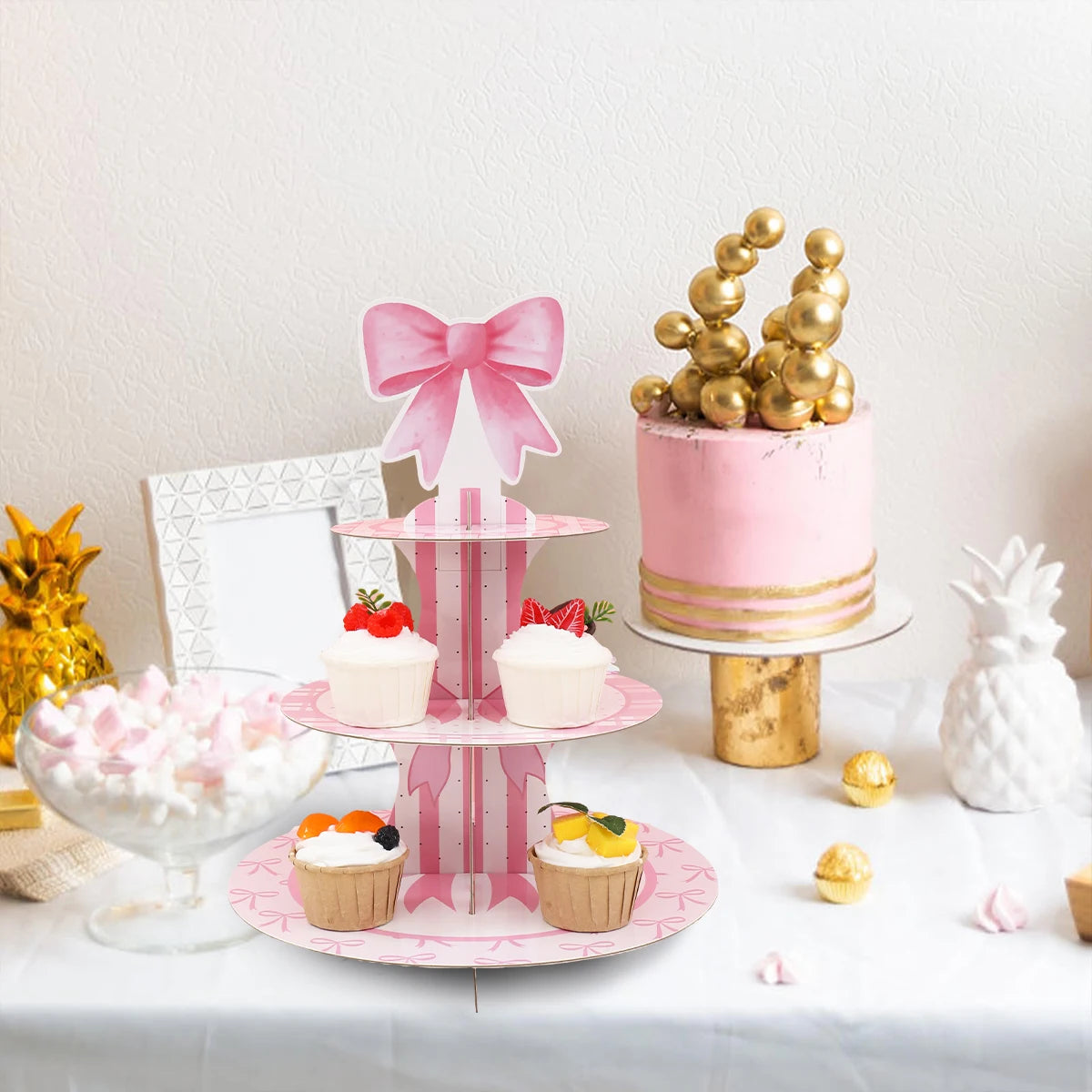 support cupcakes rose festif rayures rubans blanc anniversaire mariage décoration festive