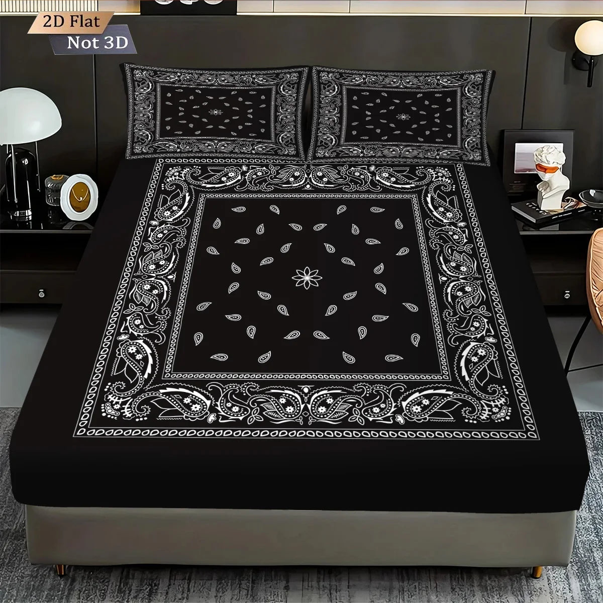 draps lit noir ornements floraux classique 100x191cm 120x200cm 140x200cm 180x200cm 200x220cm 3pièces