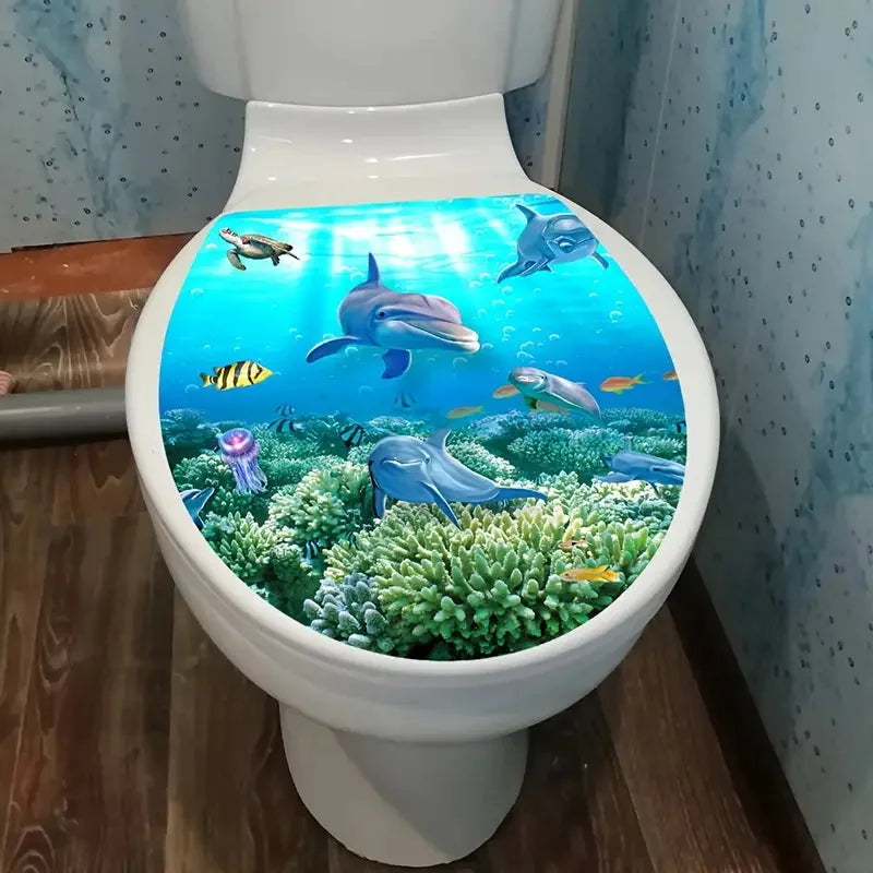 autocollant sous marin dauphins poissons coraux toilette moderne pvc adhésif bleu vert blanc