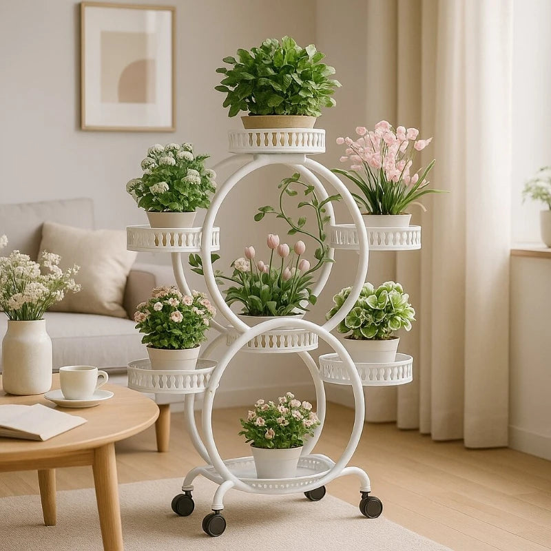 meuble plantes moderne blanc marron doré ajouré barreaux verticaux roulette grille bord relevé