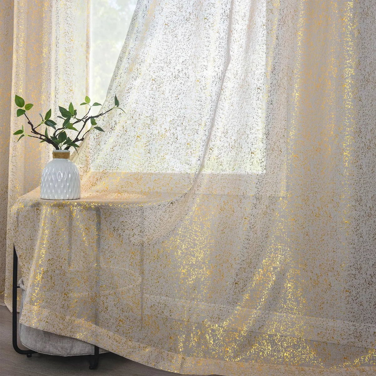 rideau semi transparent moderne paillettes dorées annaux métalliques salon maison polyester 100%
