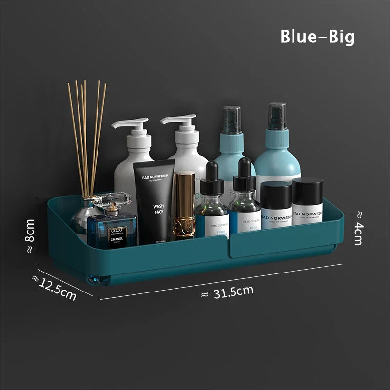 étagère rangement murale adhésive bleu jaune blanc moderne bouteilles flacons pots cosmétiques salle bains